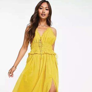 ASOS DESIGN strappy textured spot detail midi dress with ruched waist in yellow